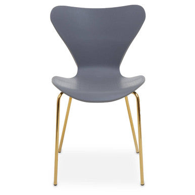 Laila dining chair with grey seat made of molded plastic and gold-tone metal legs perfect for dining rooms