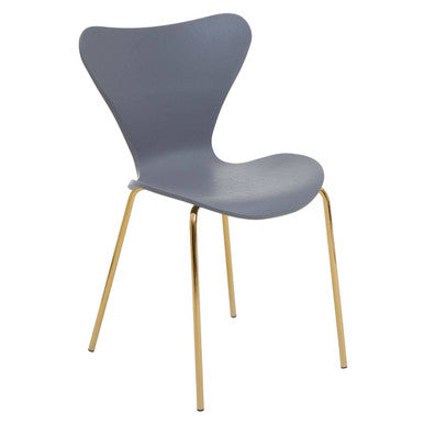 Gray molded plastic laila dining chair with grey seat and slender gold tone metal legs for stylish dining seating