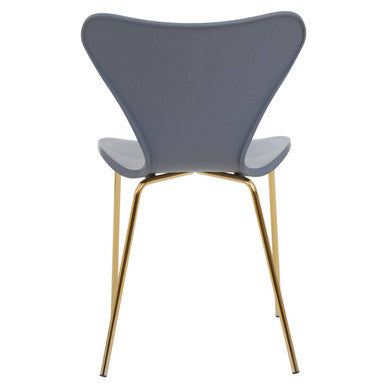 Gray molded plastic laila dining chair with slender gold-tone metal legs and grey seat for stylish dining