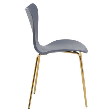 Gray molded plastic laila dining chair with slender gold-tone metal legs and grey seat for stylish dining rooms