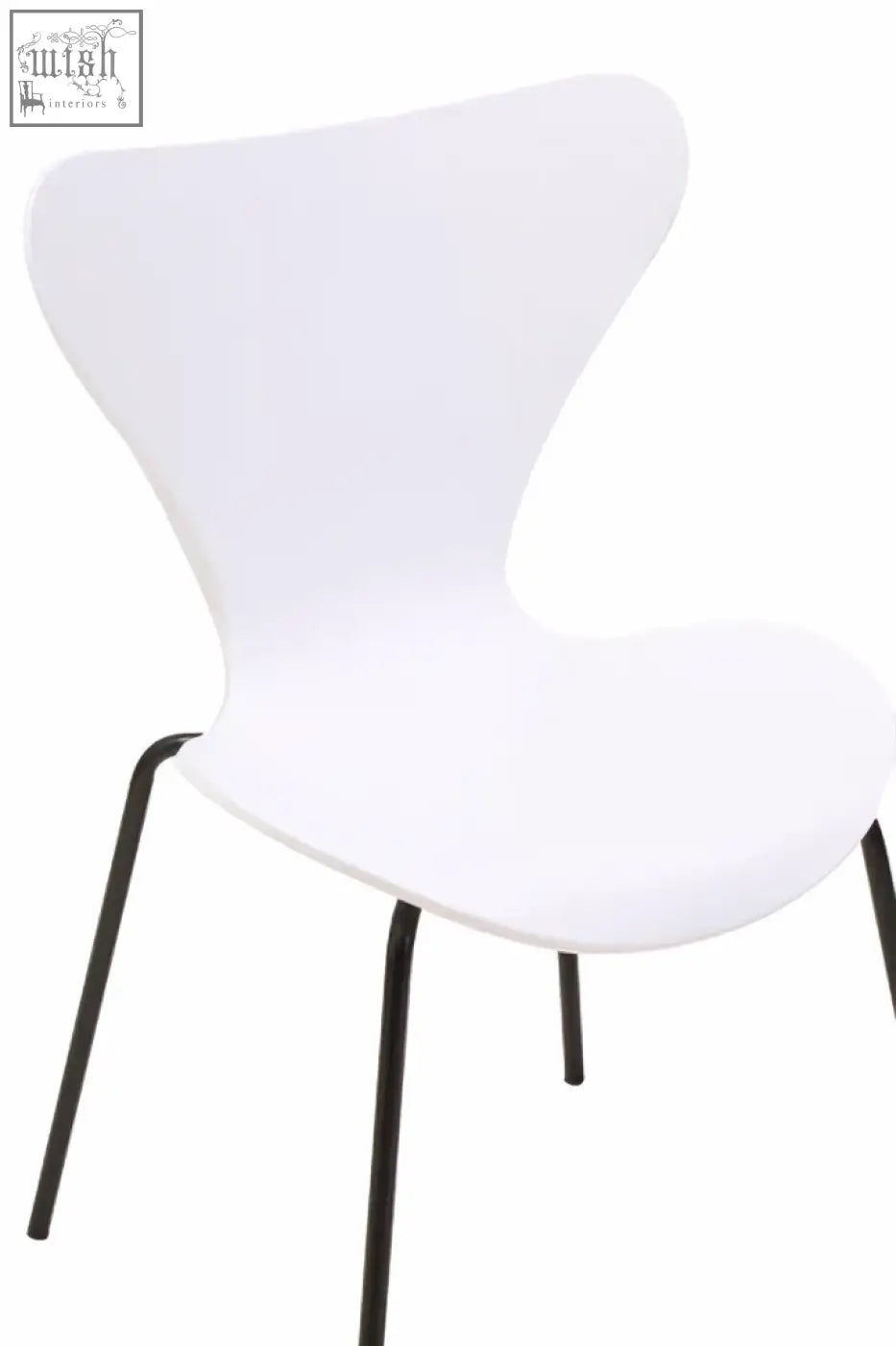 Laila white seat dining chair with white undulating molded plastic and sleek black angular legs
