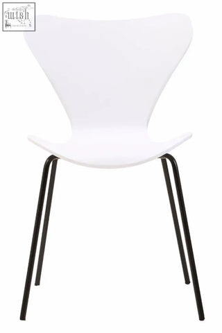 Laila white seat dining chair with white undulating molded plastic and sleek black angular legs