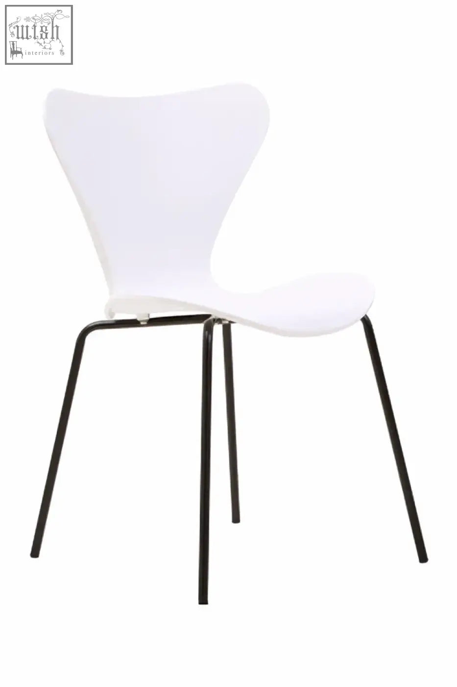 White undulating plastic dining chair with black angular legs perfect for modern dining spaces
