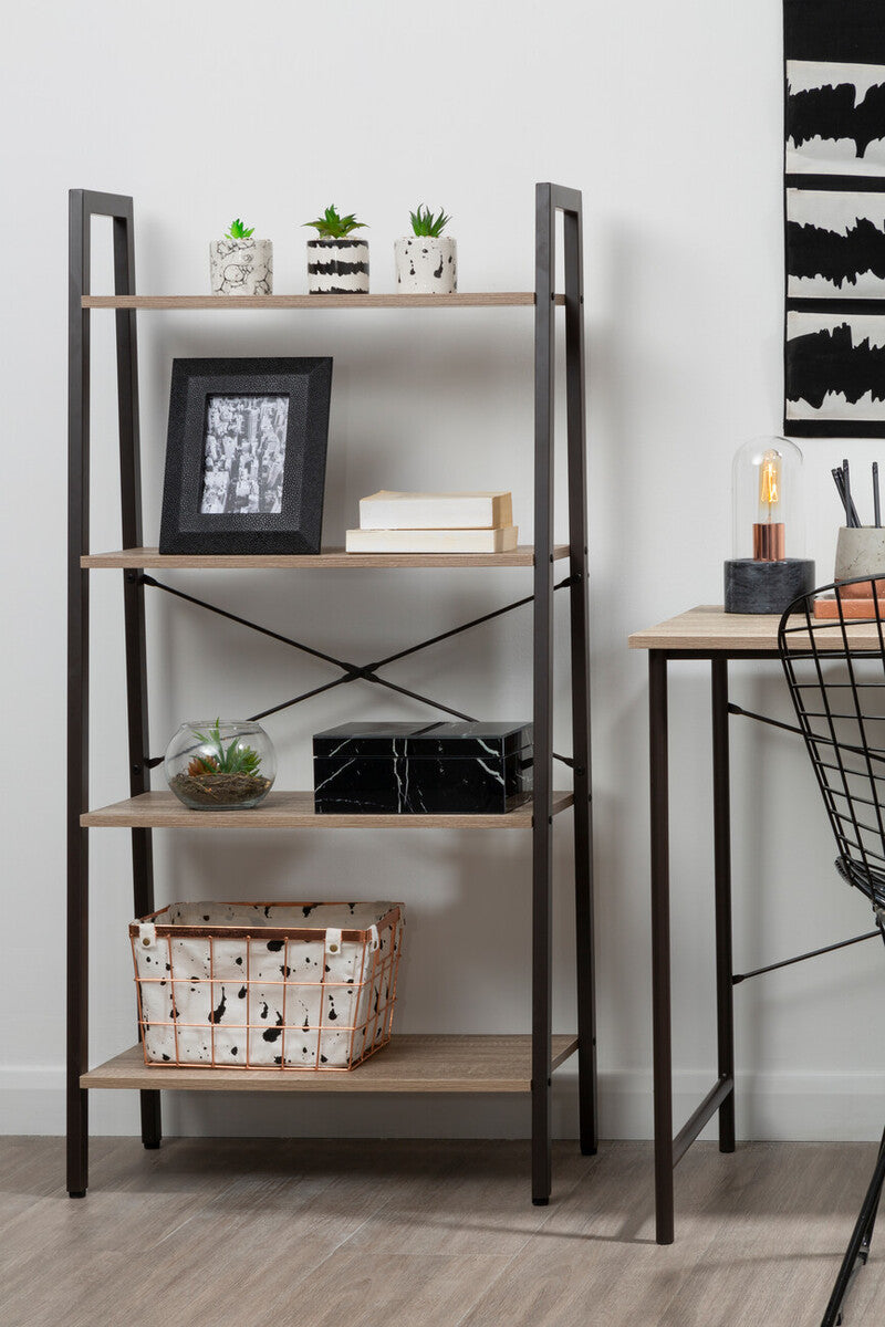 Black metal ladder shelf with light wood shelves next to lamonte bell lamp with black marble base