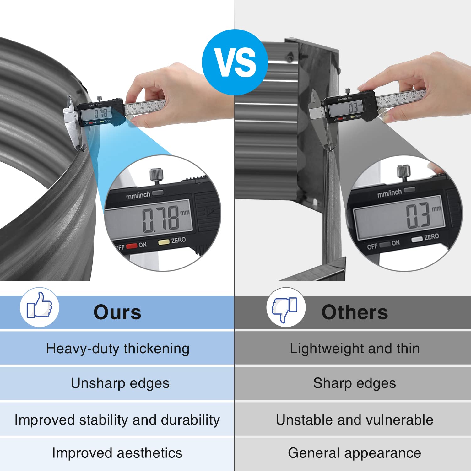 Comparison of thicker black coated tube versus thinner metal tube in grey galvanized raised garden bed kit for vegetables