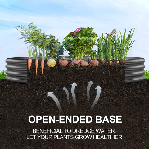 Black corrugated plastic raised garden bed with carrots potatoes onions parsley and chives for outdoor gardening