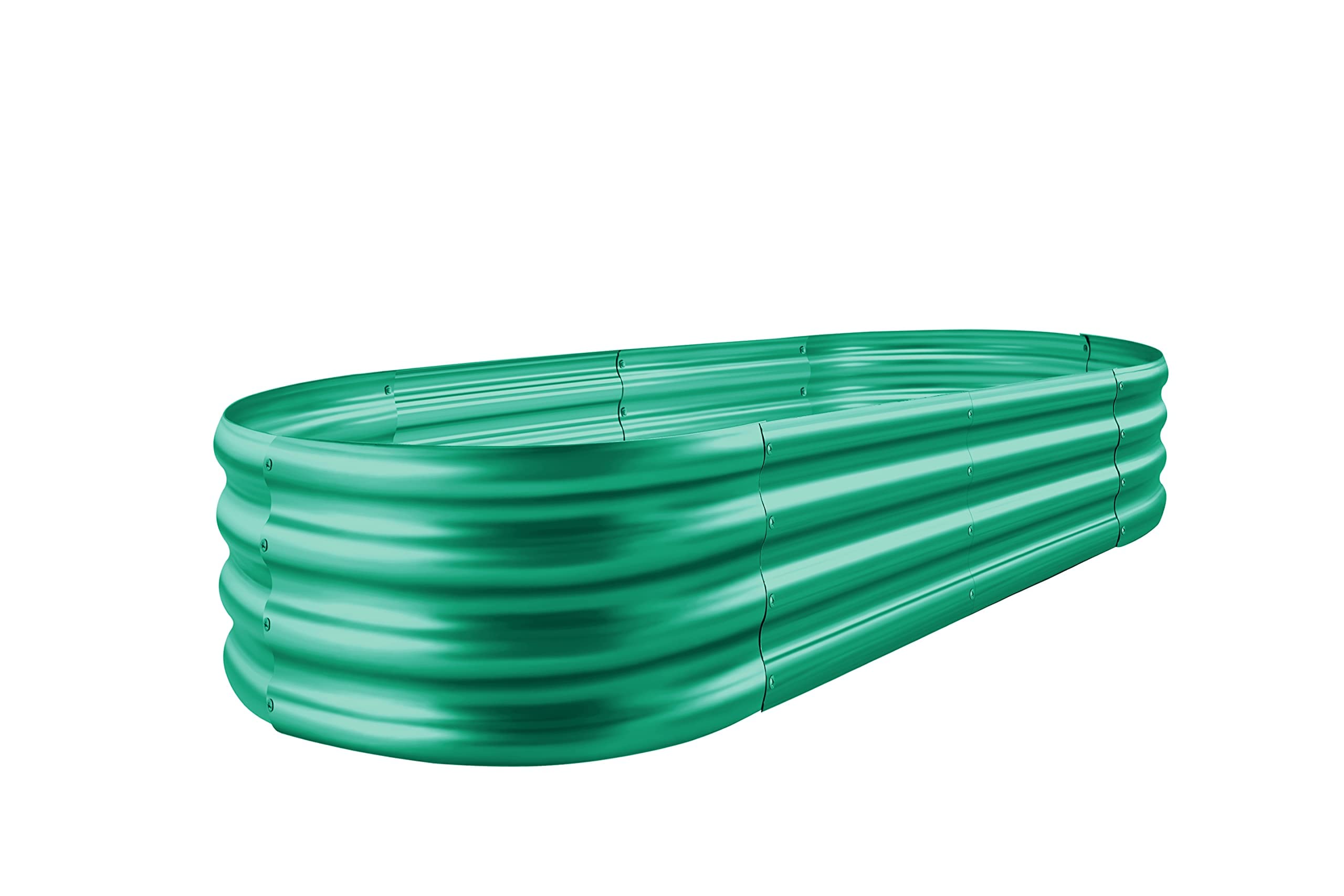 Green corrugated metal raised garden bed with ribbed oval design from land guard galvanized garden beds kit
