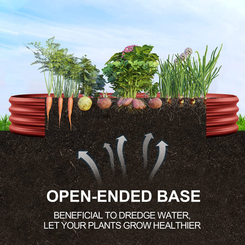 Red corrugated plastic raised garden bed with open base for drainage in large brown Land Guard galvanized raised garden bed kit