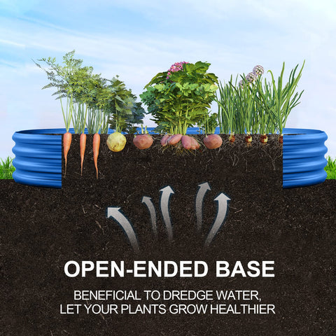 Blue galvanized raised garden bed with open base growing carrots potatoes and greens in a raised garden bed
