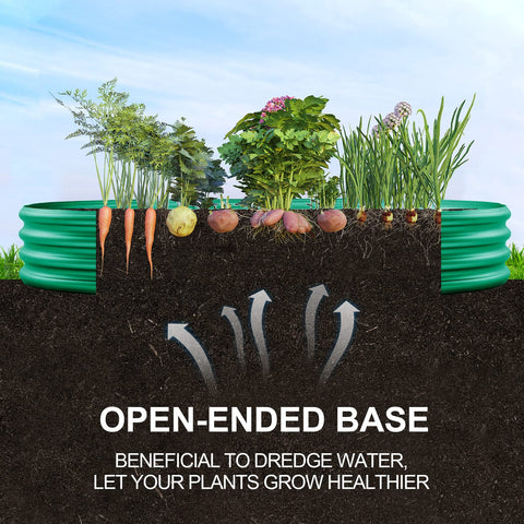 Green galvanized metal raised garden bed with open base growing vegetables and herbs in soil for outdoor gardening
