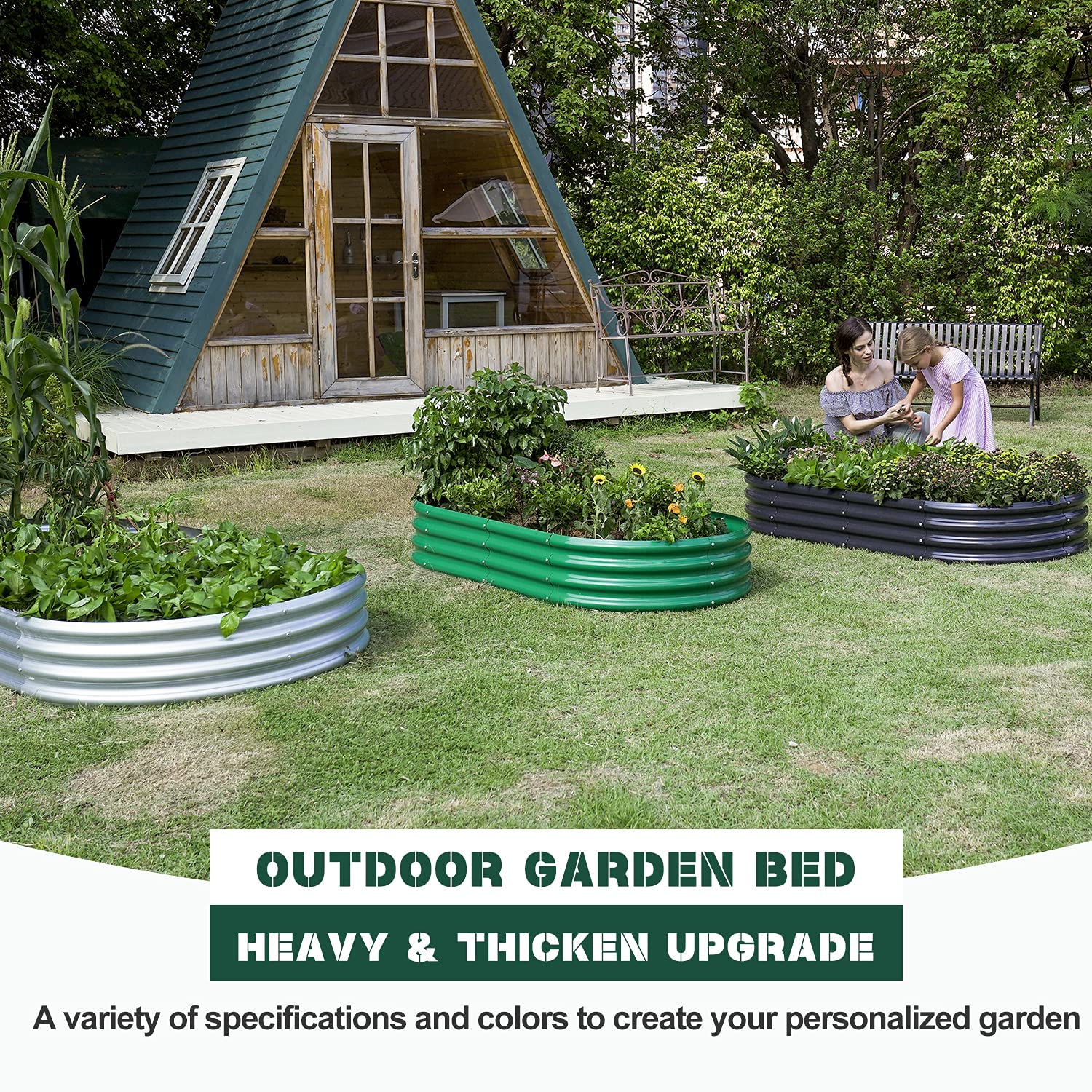 Green galvanized metal raised garden bed with corrugated ridges and raised edge for vegetables 4x2 feet