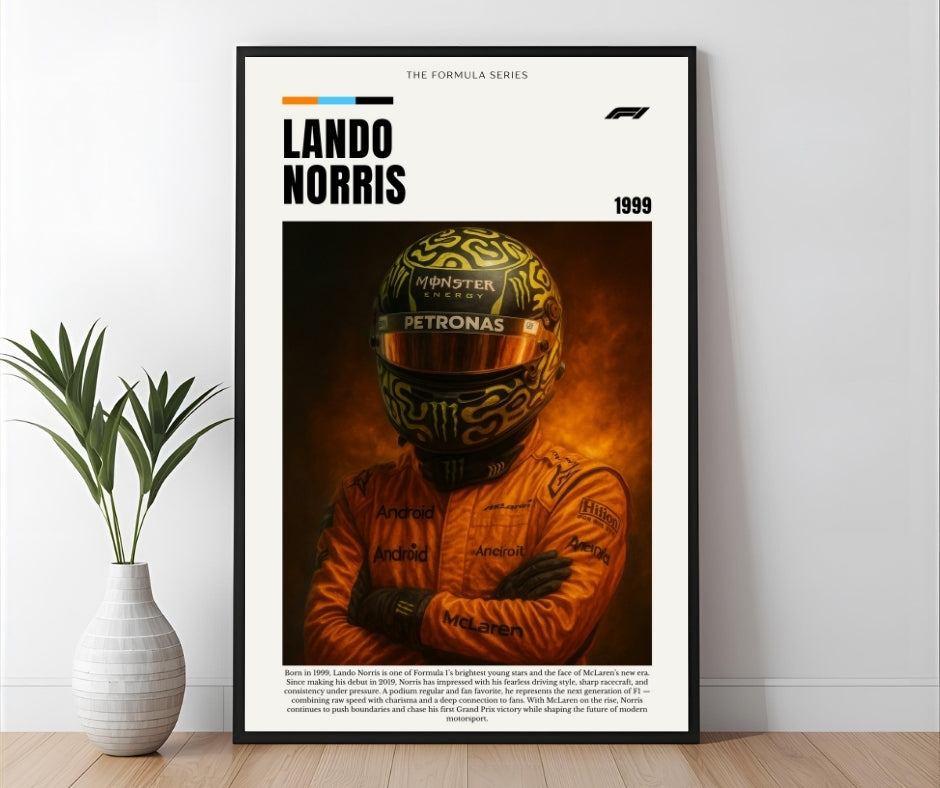 Black-framed lando norris poster featuring him in orange racing suit with monster energy and petronas branding