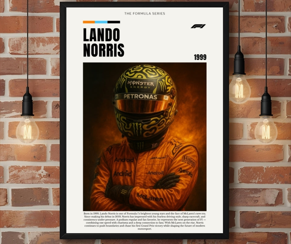 Black-framed lando norris poster featuring him in orange mclaren suit and gold monster helmet with formula series text