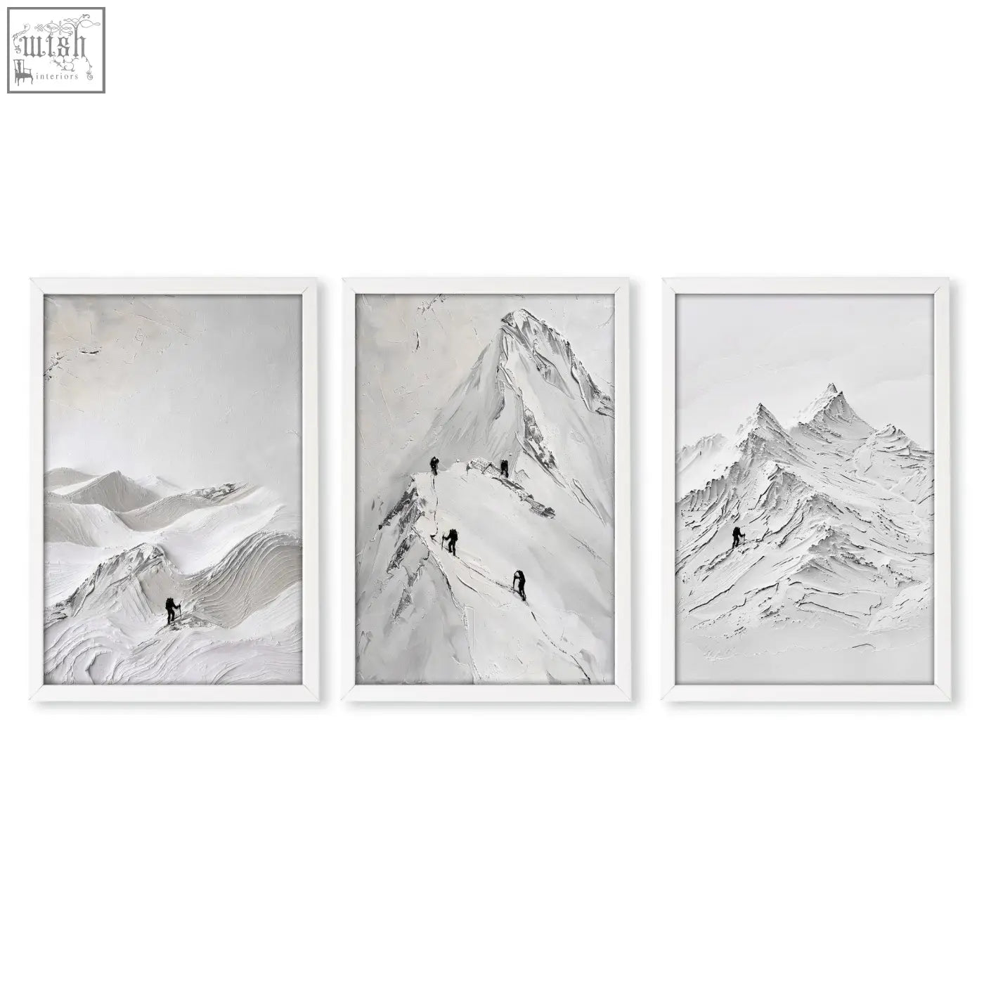 Set of 3 black and white mountain climbing art prints in minimalist white frames perfect for landscape wall art