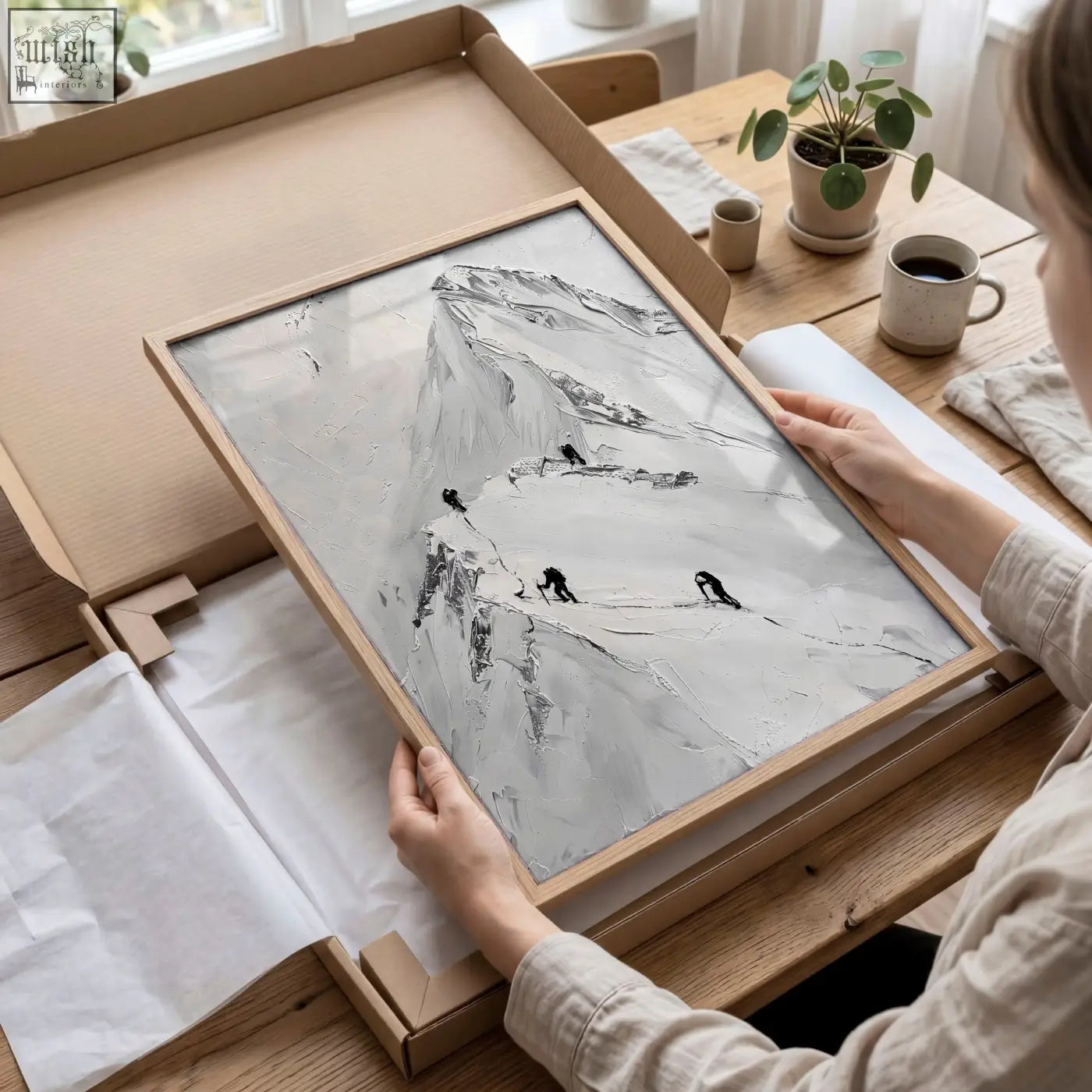 Minimalist wooden-framed wall art prints set of 3 featuring climbers on white and grey nordic mountain landscape art