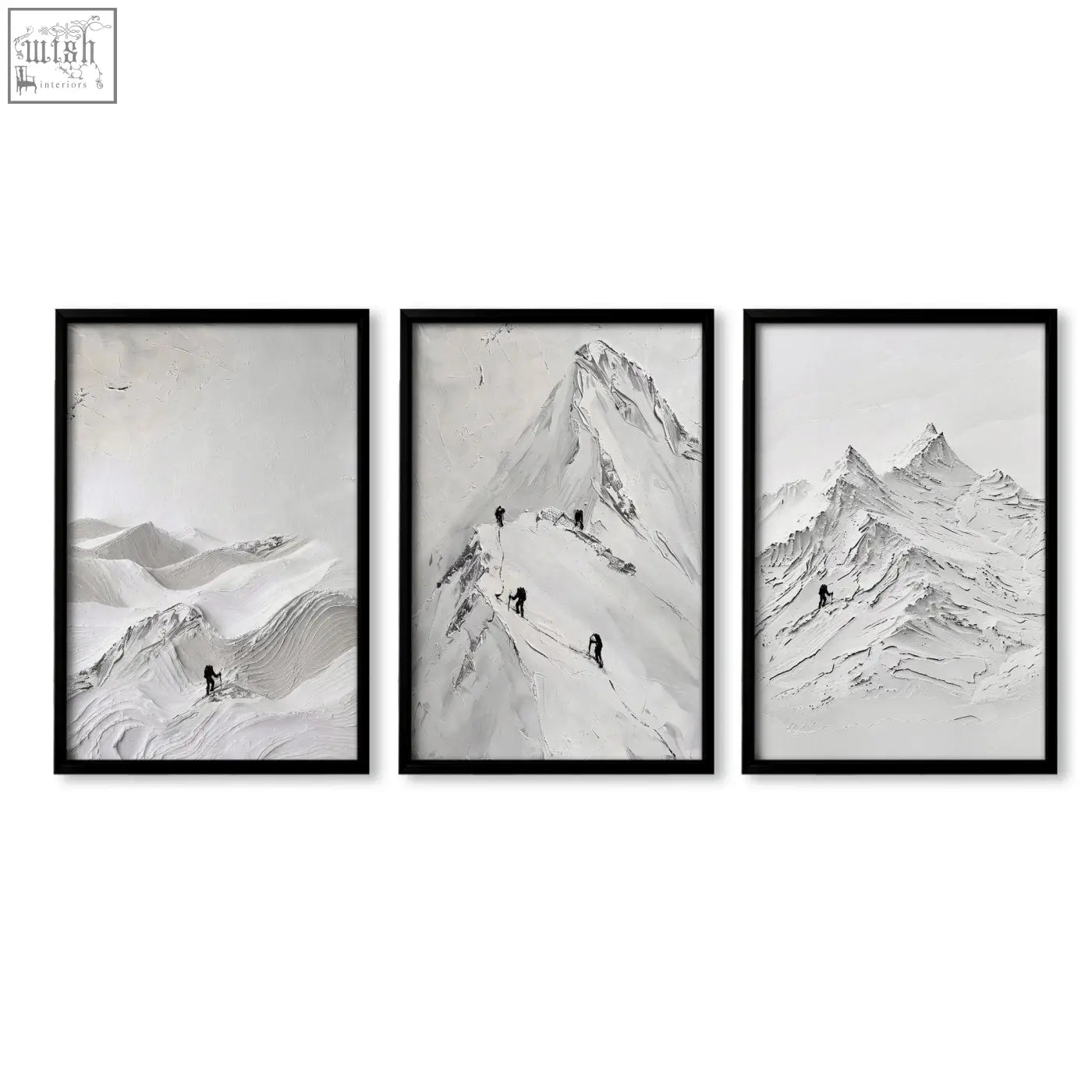 Set of three black-framed minimalist mountain climbing art prints perfect for nordic landscape art wall decor