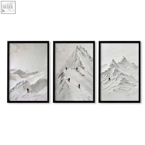 Set of three black-framed minimalist mountain climbing art prints perfect for nordic landscape art wall decor