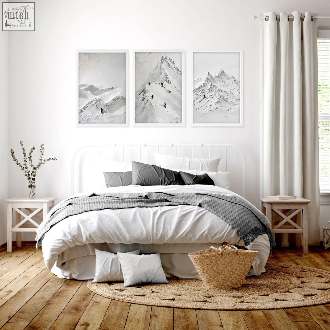 Woven wicker basket with natural tan color and sturdy handles perfect for storing landscape art and wall art prints