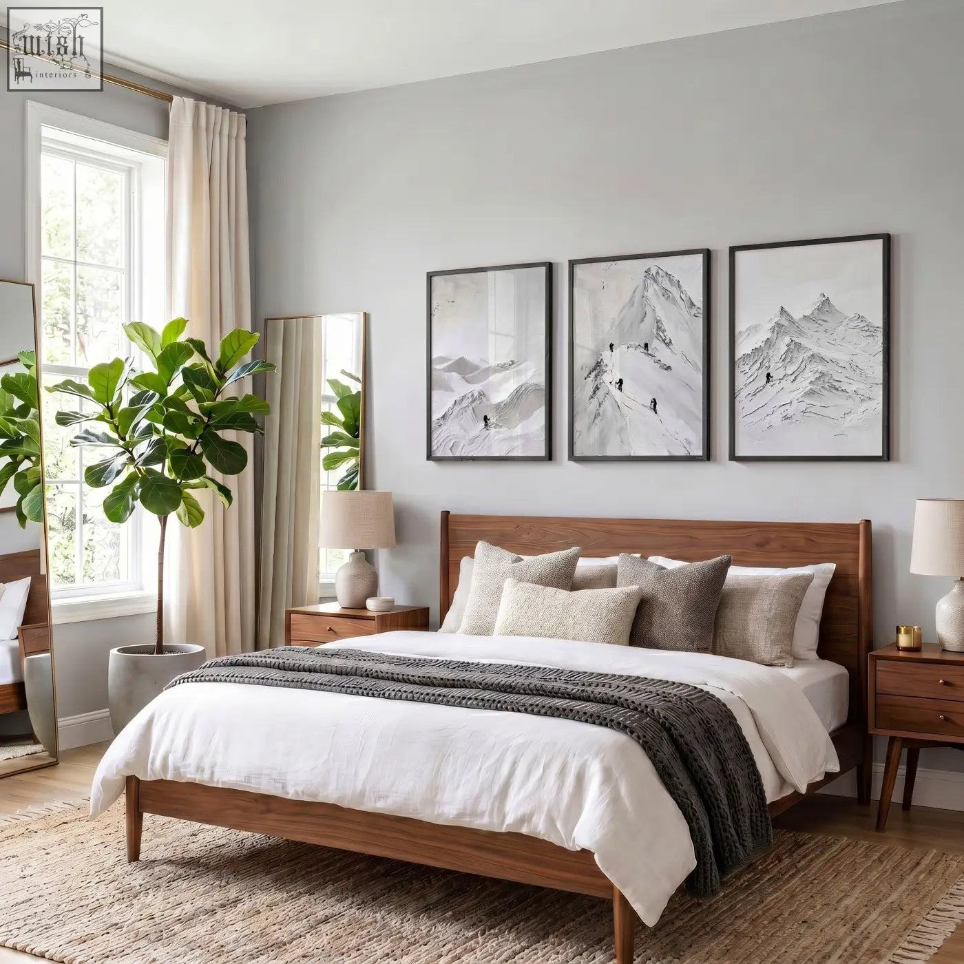 Wooden bed with warm brown finish and solid wood frame paired with matching nightstands and nordic mountain climbers wall art prints