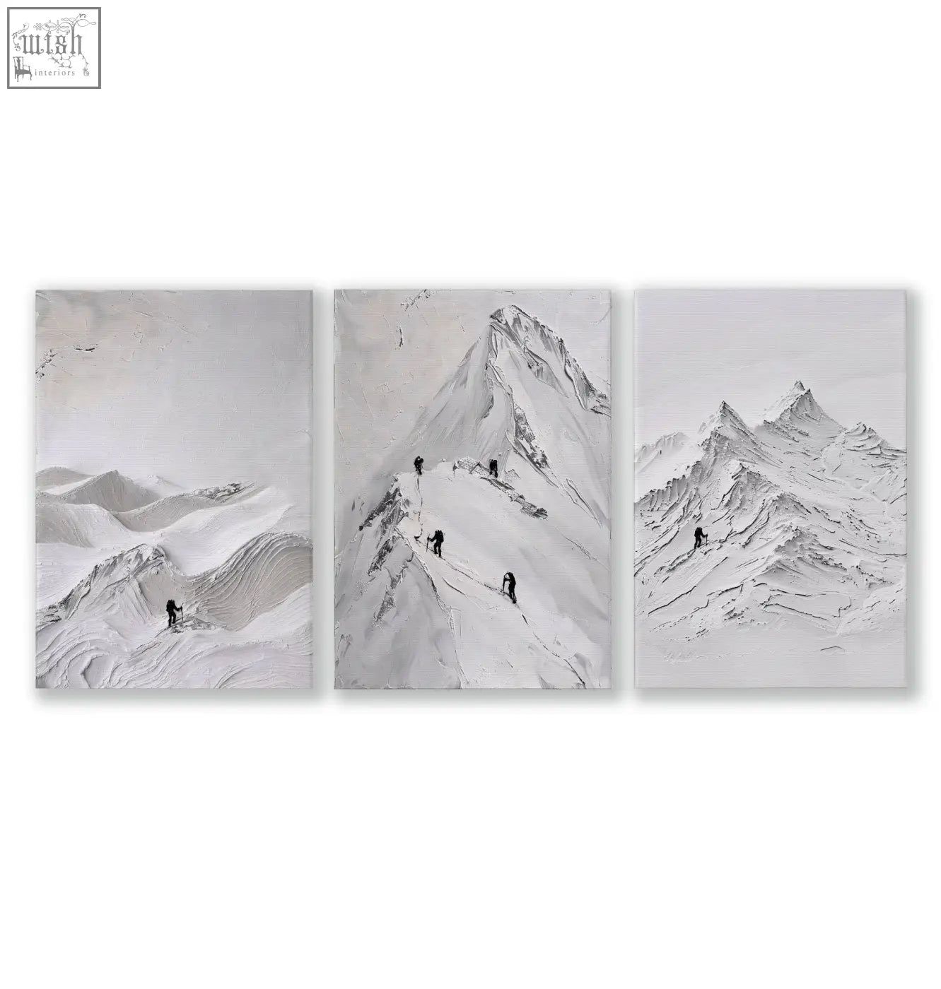 Three-panel minimalist landscape art wall art featuring textured white and grey snowscapes with silhouetted climbers