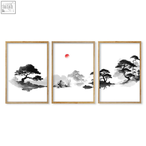 Set of 3 minimalist japanese ink landscape art paintings with red sun in light wood frames perfect for dining room wall art
