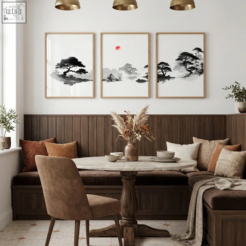 Round marble-top table with dark wood pedestal base complements dining room landscape art painting set of 3 wall prints