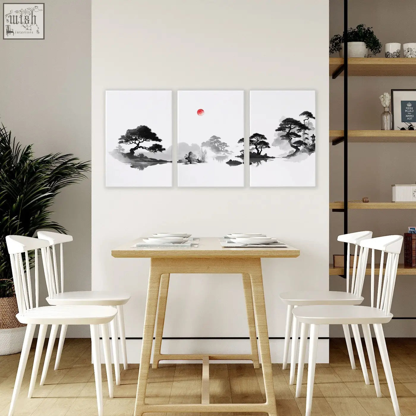Three-panel black-and-white ink wash landscape art painting with red sun and misty trees perfect for dining room decor