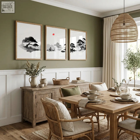 Woven rattan pendant light with natural textured weave and warm finish perfect for dining room landscape art painting decor