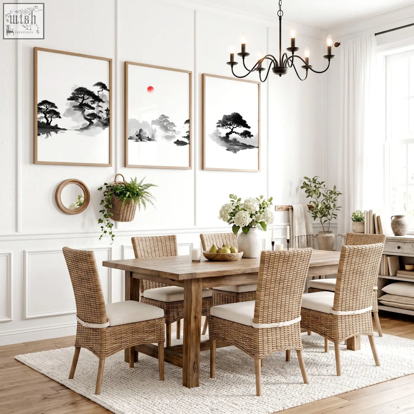 Woven wicker dining chairs with beige cushions and wooden legs next to landscape art painting for dining room decor
