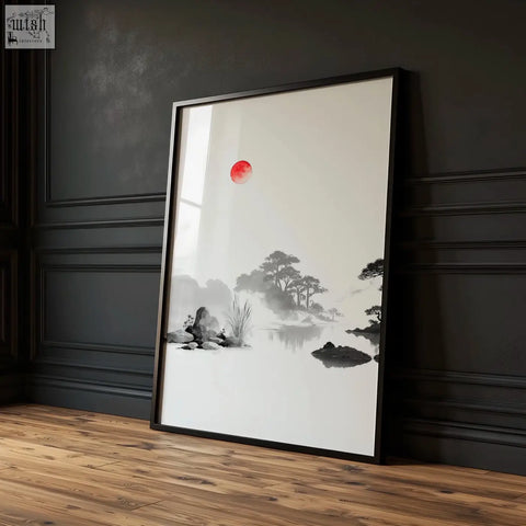 Black-framed minimalist landscape art painting with a red sun and misty ink-wash trees perfect for dining room decor