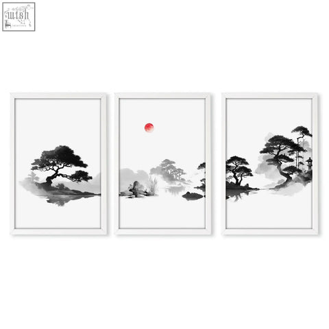 Set of three minimalist black and white landscape art paintings with red sun in white frames perfect for dining room wall art