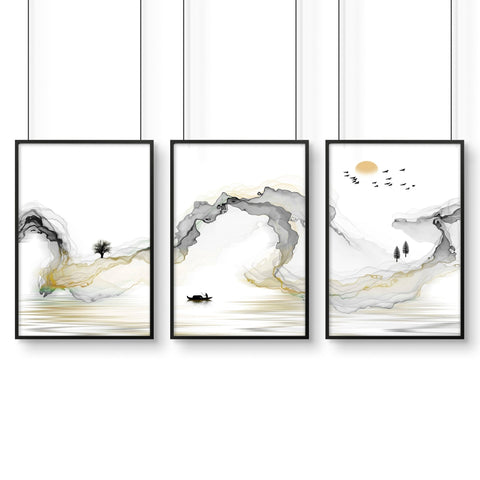 Landscape painting Japanese | set of 3 Bedroom wall art