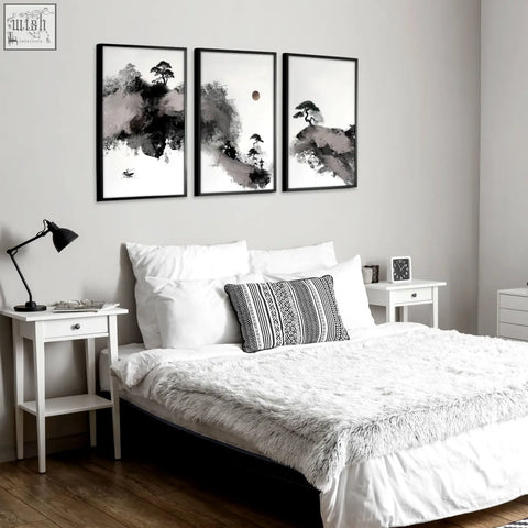 Set of three black-framed minimalist japanese ink wash landscape prints with maroon moon and pine trees