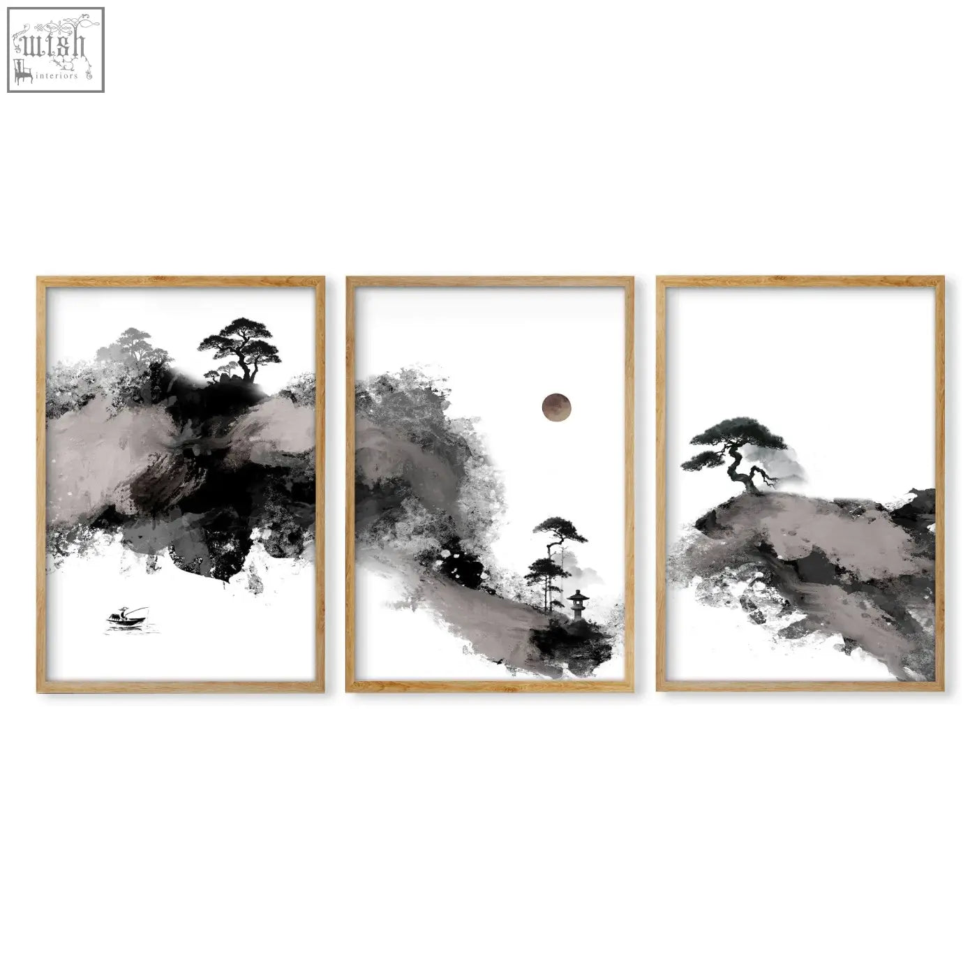 Set of three minimalist japanese ink wash landscape prints in light wood frames featuring black white and maroon tones