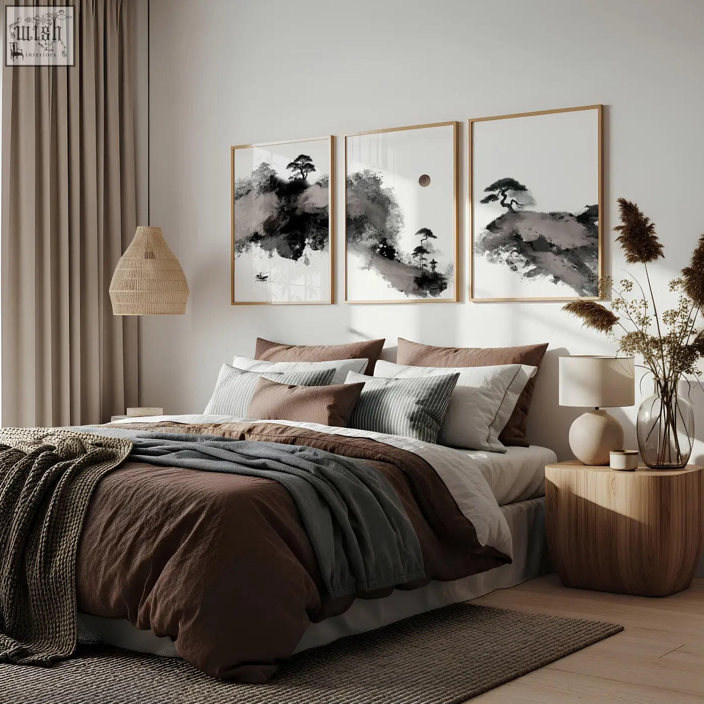 Set of three framed japanese ink wash landscape prints in black white with minimalist wooden frames