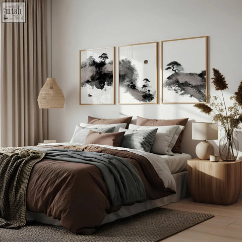 Set of three framed japanese ink wash landscape prints in black white with minimalist wooden frames