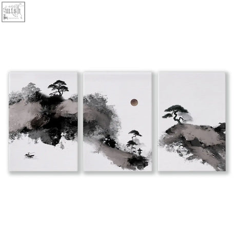 Three-panel japanese ink wash landscape print featuring black white maroon moon pine trees and a boat on canvas