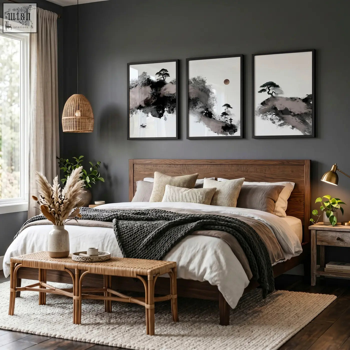 Wooden bed with dark brown finish and neutral pillows beside a set of 3 japanese ink wash landscape prints