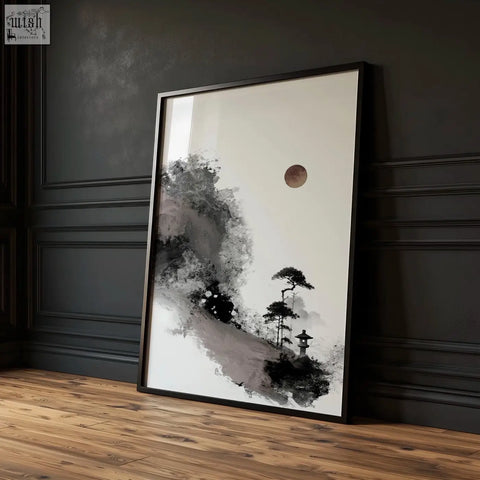 Black-framed minimalist japanese ink wash landscape print with pine trees lantern and maroon moon set of 3