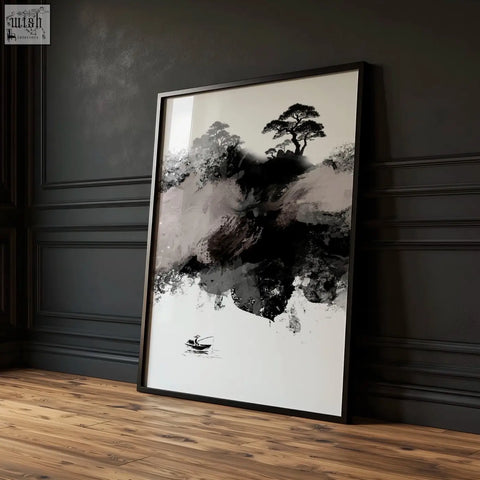 Black-framed minimalist japanese ink wash landscape print with solitary boat and tree in soft gray mist