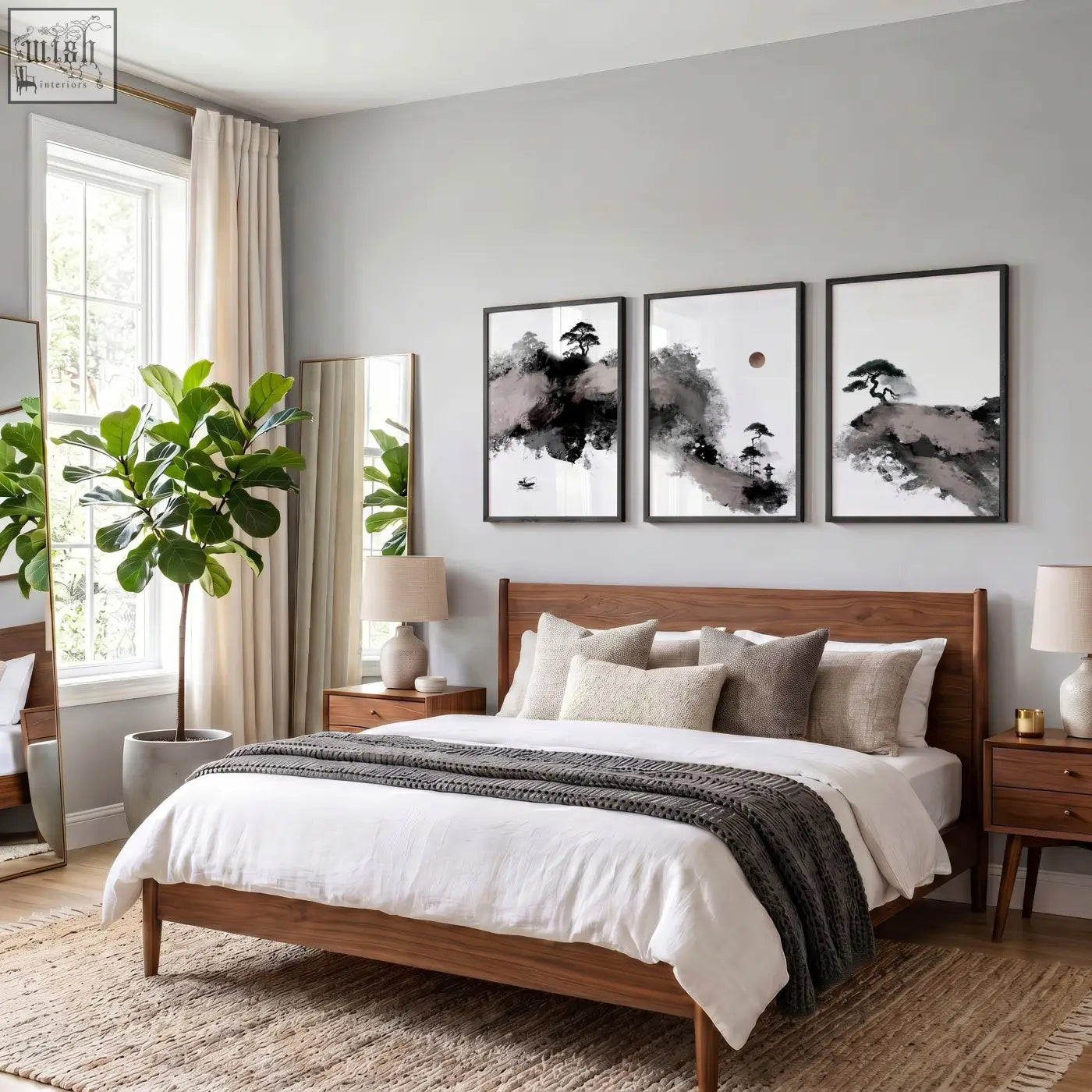 Wooden bed with warm finish and matching nightstands paired with japanese ink wash landscape print set of 3