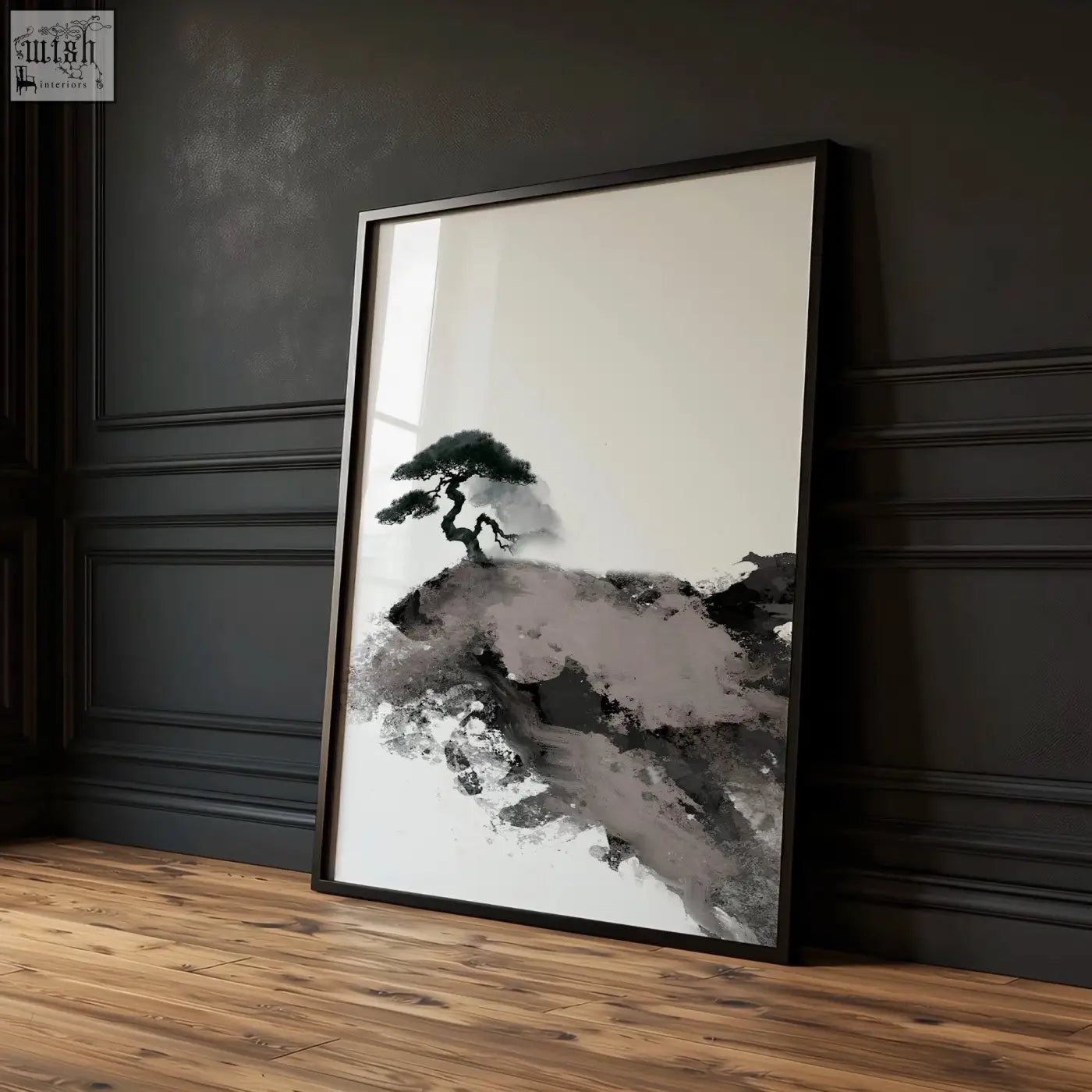 Black framed minimalist japanese ink wash landscape print of solitary pine tree on rocky terrain in black white maroon colors