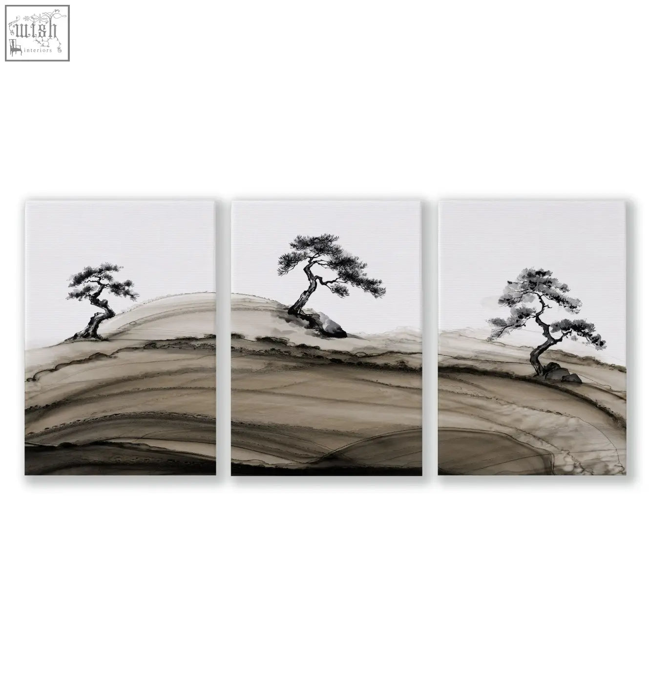 Three-panel landscape prints japanese ink bonsai trees on rolling hills in minimalist brown tones
