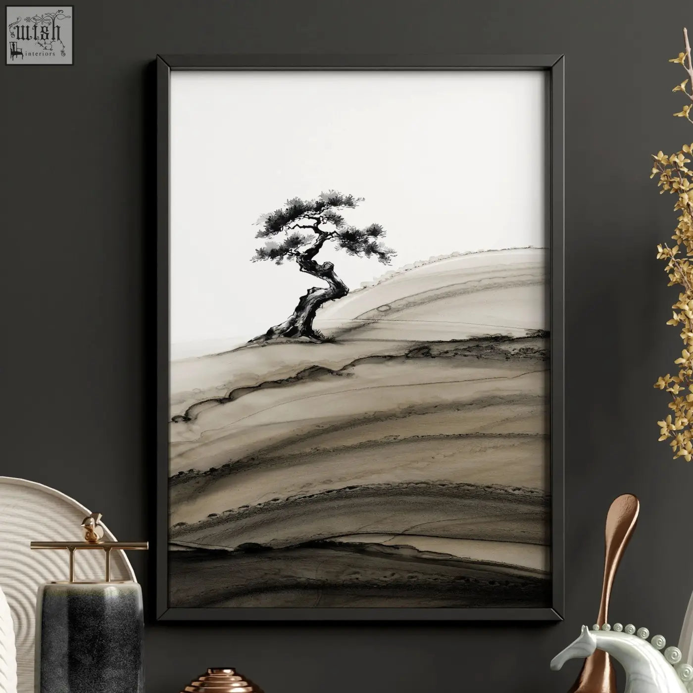 Black-framed minimalist landscape prints japanese ink bonsai tree on rolling hills with brown tones set of 3