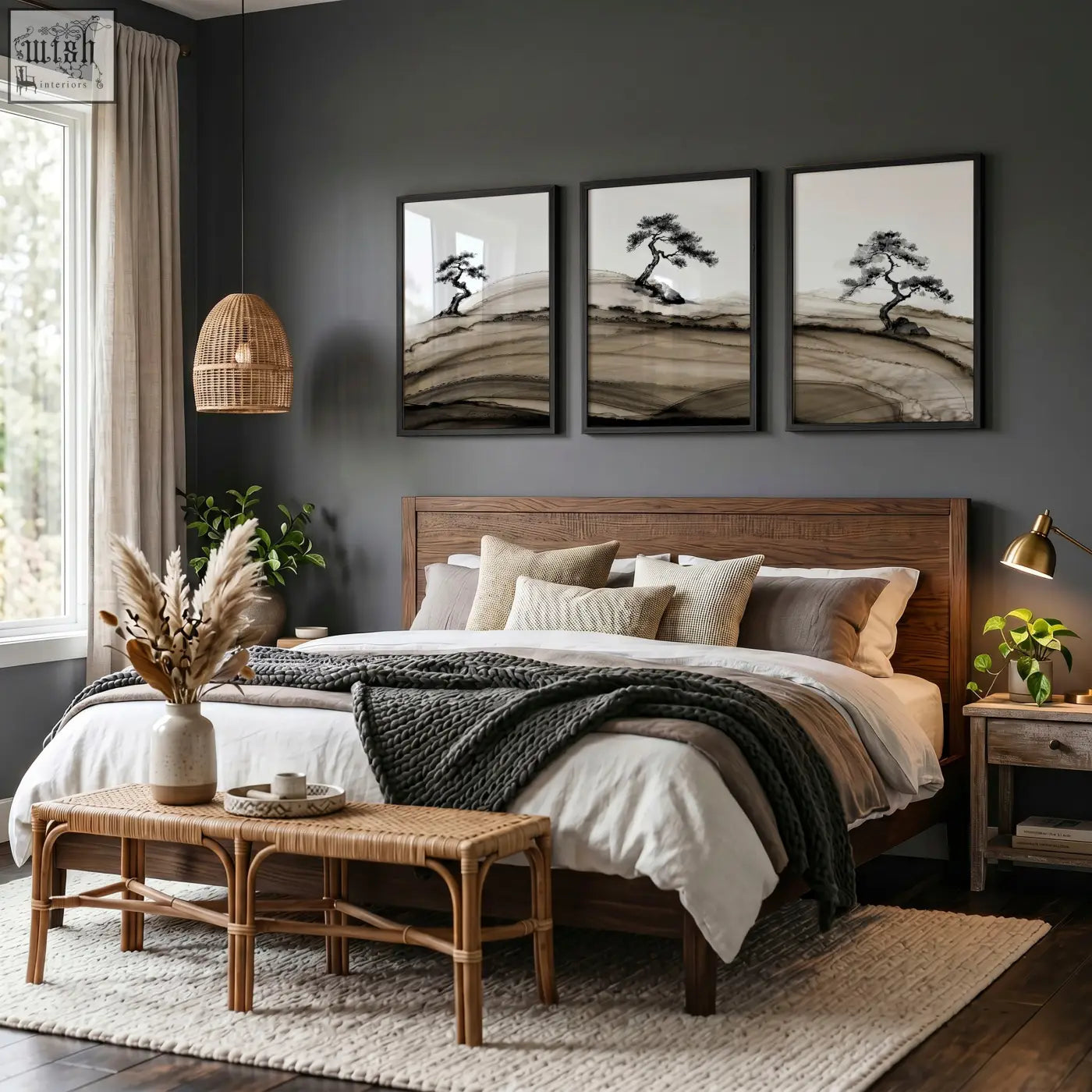 Dark gray wall-mounted triptych landscape prints japanese ink bonsai trees on rolling hills with brown tones