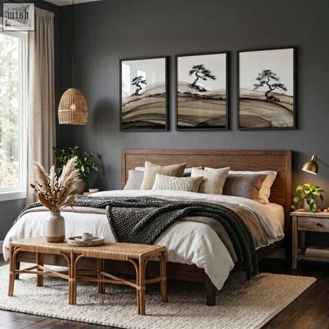 Dark gray wall-mounted triptych landscape prints japanese ink bonsai trees on rolling hills with brown tones