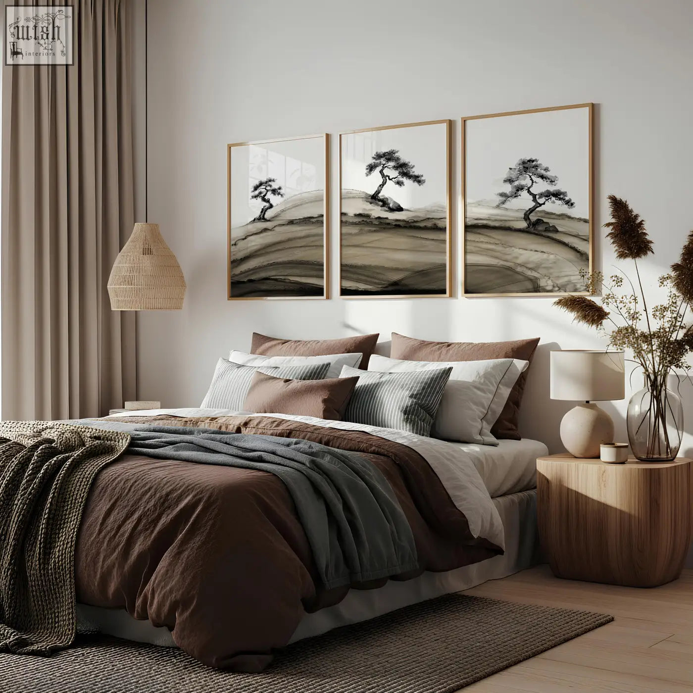 Three framed minimalist landscape prints japanese style featuring solitary pine trees in black and white with brown tones