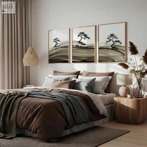 Three framed minimalist landscape prints japanese style featuring solitary pine trees in black and white with brown tones