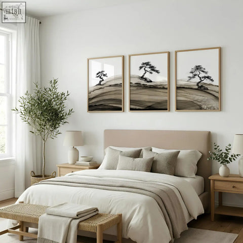 Three framed landscape prints japanese style with solitary trees in black and beige ink on white paper with brown tones