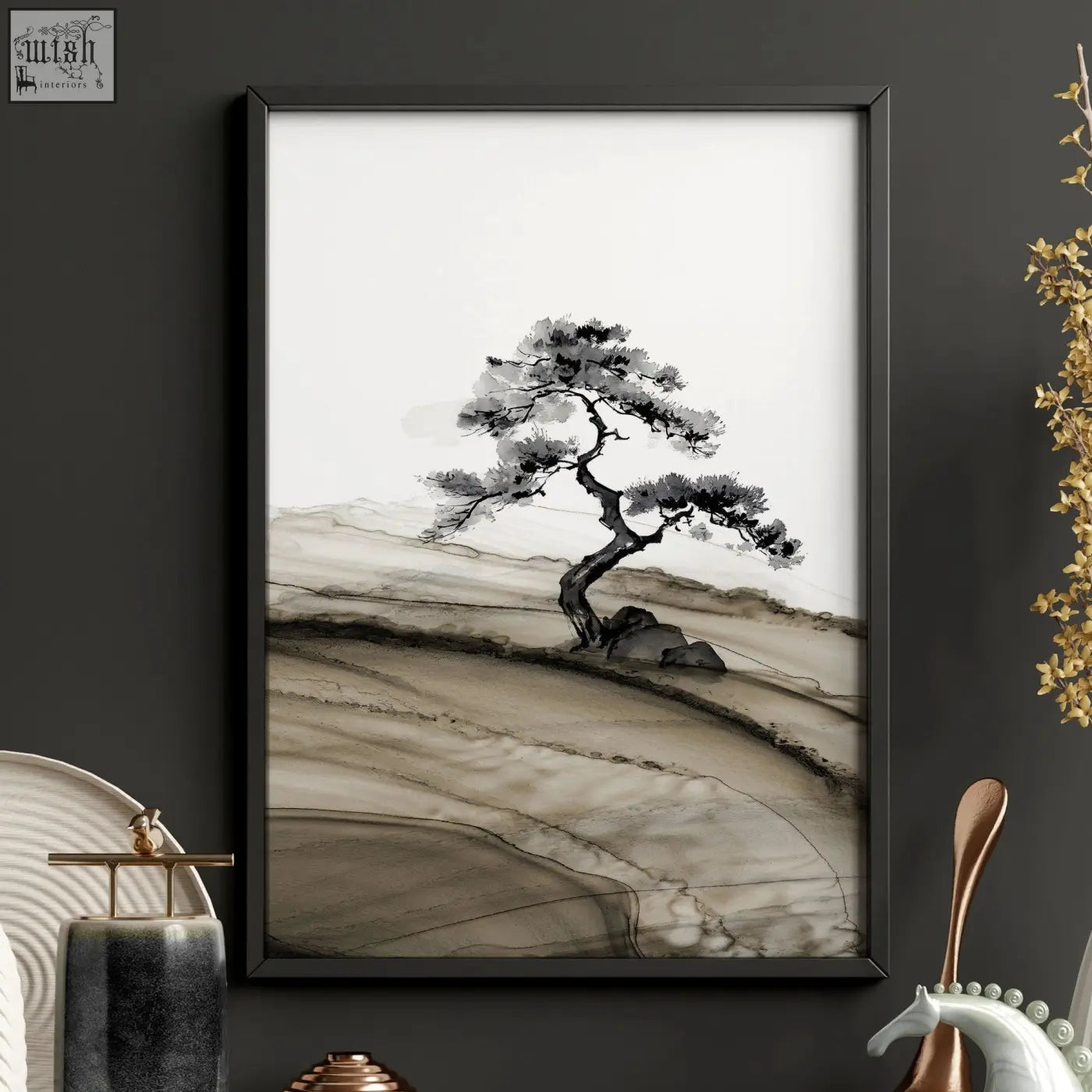 Black-framed minimalist japanese ink landscape print of a solitary pine tree on rolling hills with brown tones